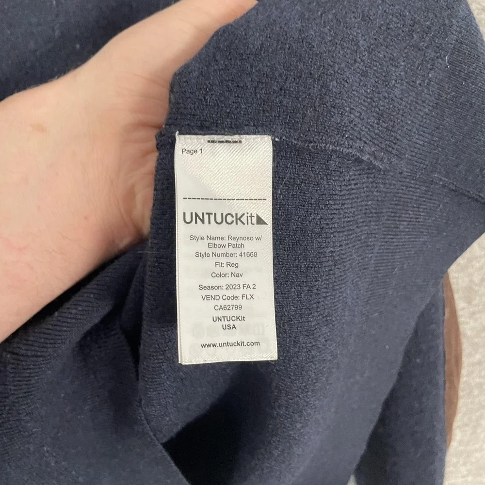 UNTUCKit Sweater Mens Medium Blue Merino Wool Full Zip Mock Neck Elbow Patch‎
